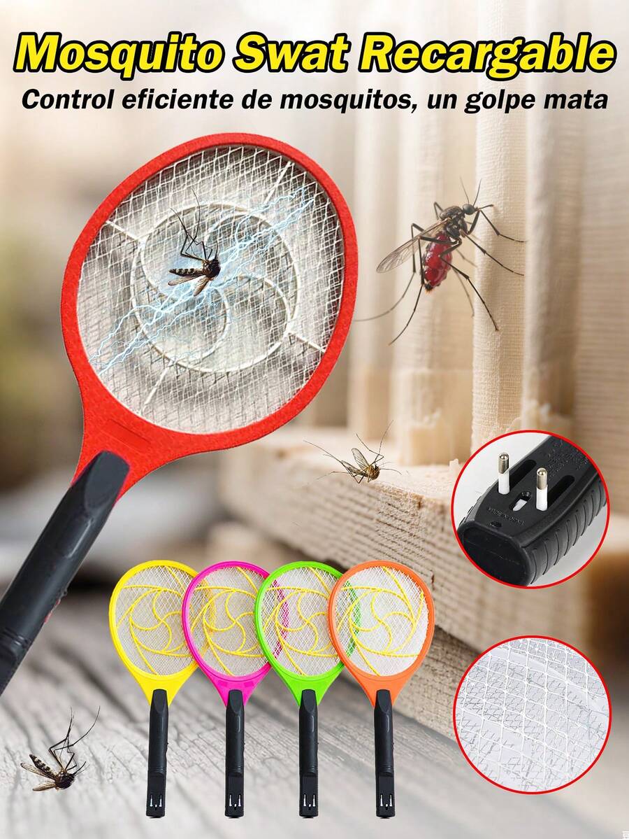 1 Pieza Raqueta eléctrica Mata Insectos Mosquitos, Moscas Recargable con Clavija para Pared. con botón de accionamiento e Interruptor de Seguridad - Multicolor - Ver 1