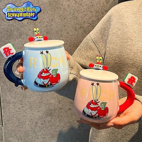 SPONGEBOB Taza de cerámica oficial auténtica del Jefe Cangrejo de Bob Esponja con tapa - Taza para beber en pareja, regalo de cumpleaños, taza para niñas, taza para beber en casa, taza de oficina