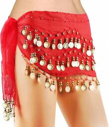 Chiffon Belly Dance Hip Scarf With 128 Coins For Yoga Class - Red - View 12