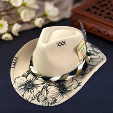 Floral Print Cowgirl Hat For Women Men Feather Belt Decor Wide Brim Felt Western Cap For Party - 米色 - 查看 4