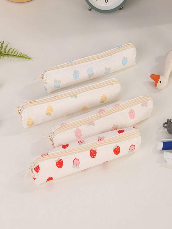 Strawberry Pattern Corduroy Pencil Case, Simple & Fresh Design, Cute Stationery Box, Suitable For Girls, Sweet Pencil Pouch, Back To School Gift