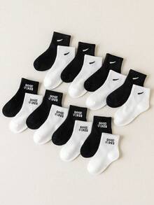 20/10/5 双儿童薄款运动袜，经典黑白灰配色，字母“New York”，“Good Vibes”图案，亲肤柔软舒适透气时尚百搭儿童中筒袜，适合返校、节日礼物、学生使用、户外运动、旅行、日常搭配，颜色随机发货