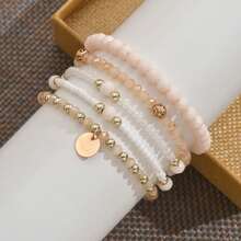 Fashionable And Elegant Alloy Disc Pendant Bracelet Crystal Resin Beaded Elastic Women's Bracelet 5-Piece Set - 杏色 - 查看 3