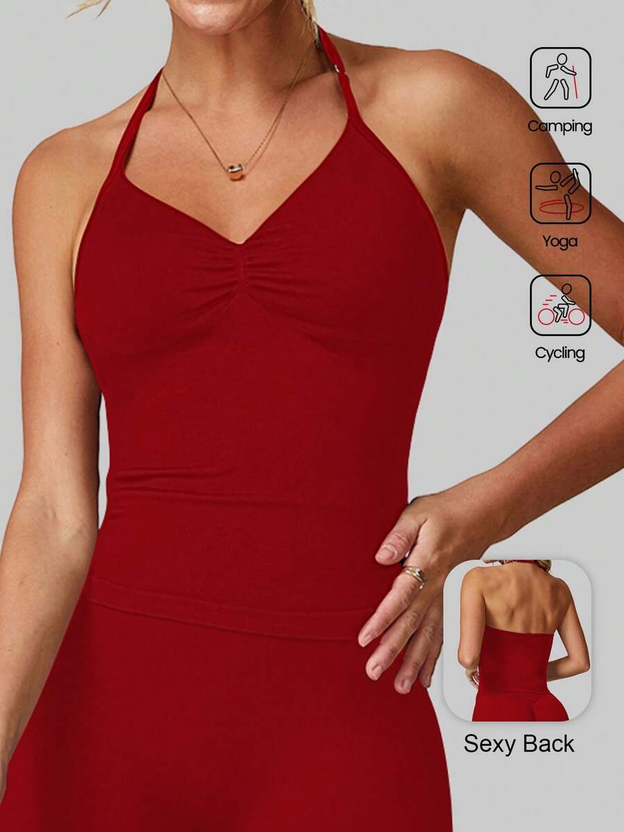 女士瑜伽上衣，健身瑜伽衫，运动服，露背褶皱内置胸罩罩杯夏季款 - 紅色 - 查看 1