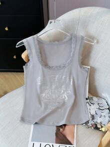 Atasan Cami Slim Fit Seksi dengan Hiasan Renda Desain Retro Amerika untuk Musim Panas Kasual - Grey - View 6
