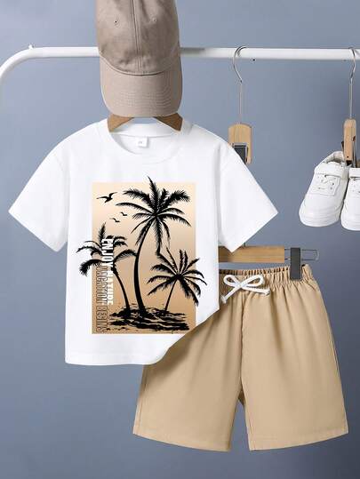 Young Boy Palm Tree Print Short Sleeve T-Shirt And Shorts Casual Set