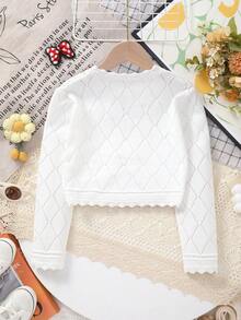 Young Girl Essentials White Rhombus Knit Cardigan, Hollow-Out Design - White - View 6