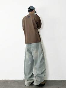 1 pieza Jeans de pierna ancha casual con estilo vintage patchwork, pantalón largo suelto y versátil con decoración de remaches (sin cinturón ni accesorios) - Azul - Ver 8