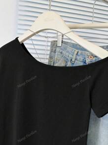 Women's Sexy Asymmetrical Neck Short Sleeve Fitted Crop Top