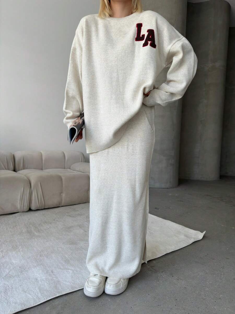 Button Detailed Skirt Set, Solid Color Casual Split Ribbed Button Co-Ord Set For Home Wear - White - View 1
