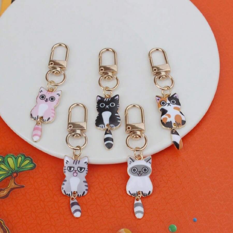 2pcs Cat Couple Keychain Pendant, Anti-Scratch Durable Cartoon Mini Bag Charm, 3cm Commuting Bag Zipper Puller Luggage Tag, National Style Accessory Keychain - Multicolor - View 1