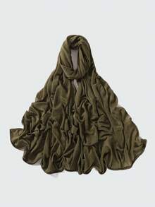 1条女士纯色褶皱休闲围巾，弹力透气针织小长围巾，可作头巾、披肩，保暖防晒，适合搭配连衣裙