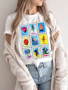 Camiseta de algodón con estampado loterías mexicanas casual de moda para mujer - Blanco - Ver 1