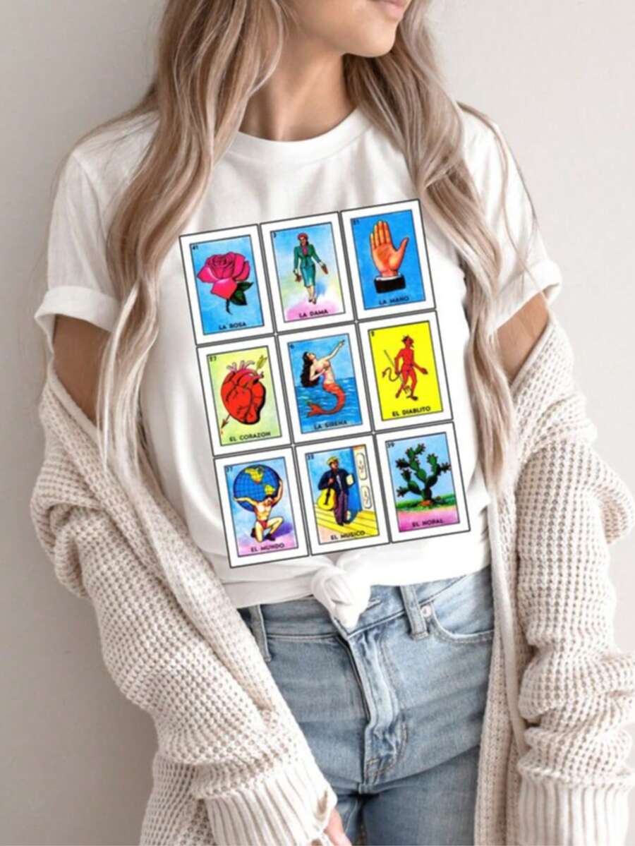 Camiseta de algodón con estampado loterías mexicanas casual de moda para mujer - Blanco - Ver 1