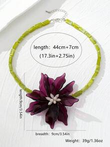 1件誇張風格紫色深色花卉手工串珠女款個性化吊墜花卉派對項鍊，四季皆宜休閒優雅人造花項鍊 - 紫色 - 查看 5