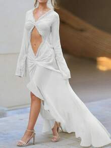 Long-Sleeved V-Neck Ruffled Mesh See-Through Hip-Wrapped Long Dress - White - View 2