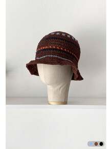 1pc Vintage Striped Handmade Hollow Out Bucket Hat, Women Summer Outdoor Sun Protection Hat, Contrast Color Stripes Handcrafted Knitted Bucket Hat, Women Autumn/Winter Outdoor Petite Size Knitted Cap, Versatile Autumn Accessories