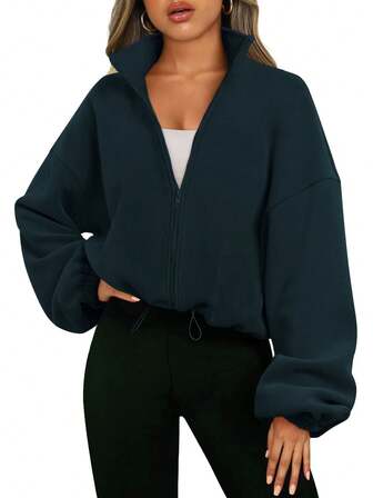 Plus Size Women's Spring And Fall Fleece Crop Jacket With Zipper And Drawstring