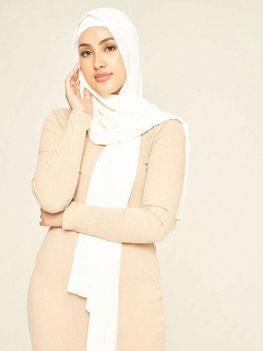 1pc Natural Solid Color Muslim Chiffon Hijab Scarf - White - View 1