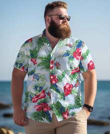 Big And Tall Men's Hawaiian Shirt - Short Sleeve, Tropical Floral Button Down Casual Summer Beach Shirthalloween - 綠色雞蛋花 - 查看 9