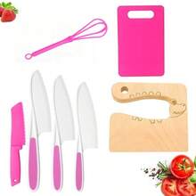 Juego de cuchillos para niños - Juego de cuchillos de cocina Montessori para niños, incluye tabla de cortar y cuchillos de juguete con textura, utensilios de cocina para niños y niñas de 3 a 10 años, color aleatorio - Rosa - Ver 9