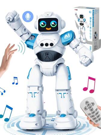 1pc Kids Remote Control Robot Toy, Gesture Sensing Programmable Expression Robot Toy With Voice Control, LED Eyes, Dancing, Singing, Moon Walking, Gesture Sensing And Infrared Remote Controller, Rechargeable RC Robot Toy, Suitable As Christmas Or Birthday Gift For Boys And Girls Aged 3-12