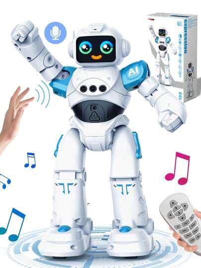 1pc Kids Remote Control Robot Toy, Gesture Sensing Programmable Expression Robot Toy With Voice Control, LED Eyes, Dancing, Singing, Moon Walking, Gesture Sensing And Infrared Remote Controller, Rechargeable RC Robot Toy, Suitable As Christmas Or Birthday Gift For Boys And Girls Aged 3-12