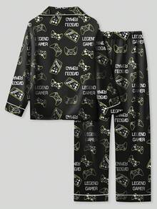 2 件套青少年男孩家居服套装：黑色游戏机印花翻领长袖衬衫和长裤 - 彩色 - 查看 2