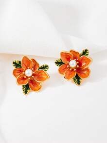 1 Cặp bông tai đính hoa thời trang mới dành cho phụ nữ, thiết kế cổ điển hoàn hảo để đeo hàng ngày, món quà tuyệt vời cho bạn bè - trái cam - Xem 2