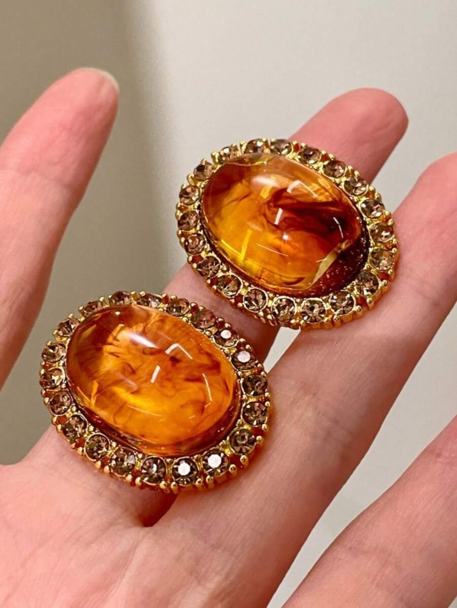 1 Pair Oval Metal & Resin Crystal Earrings, European Style Earrings For Women & Girls, Suitable For Travel, Wedding, Party, Birthday, Christmas Gift - Coffee - View 1