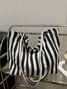 时尚复古条纹帆布手提包，大容量，用途广泛，是工作、上学或户外活动的理想之选，可用作背包、帆布包或沙滩包。 - 深色水洗藍 - 查看 9