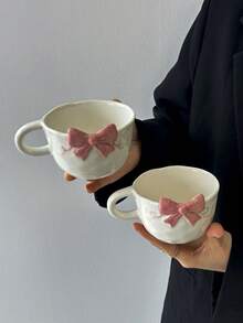 1pc Ins Style 3D Embossed Bowknot Ceramic Mug With Handle, Suitable For Coffee, Milk, Tea, Beverage, Gift For Family And Friends - Multicolor - View 9