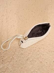 1pc Customized Women's Straw Clutch Bag, Can Customize Your Name, Bohemian Style Summer Beach Bag With Zipper, Wrist Strap Wallet, Fits Phone, Coins & Keys - Lightweight, Washable, Polyester Lining - Khaki/Beige, Beach Accessory | Bohemian Style | Straw Material, Beach Bag - Multicolor - View 6