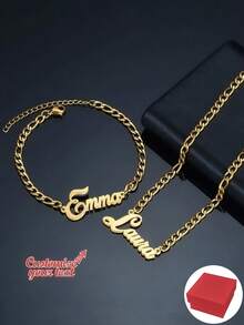 1 件个性化镌刻姓名项链和手链套装，不锈钢镌刻姓名日期手链定制纪念日期项链情侣首饰，贴心母亲节感恩节复活节情人节回归 - 彩色 - 查看 1