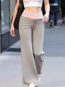 Women Fold Over Yoga Pants Low Rise Solid Color Stretch Casual Straight Wide Leg Palazzo Pants Loose Fit Comfy Flared Leggings Gym Lounge Pants Bootcut Bell Bottoms Baggy Sweatpants Teen Girl Back To School Bottoms Y2k Streetwear - 灰粉紅色 - 查看 3