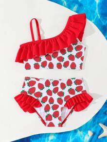 Strawberry Sweetheart One Shoulder Ruffle Young Girl Beach Swimsuit - Multicolor - View 2