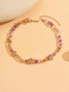 1 件节日海洋风彩色宝石串珠手工项链，配金属合金花卉吊坠，时尚珠宝，适合女性日常佩戴、海滩派对和旅行 - 彩色 - 查看 3