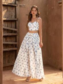 Faeriesty Conjunto de 2 piezas BohoBloom: Blusa corta con volantes + Falda midi de línea A con abertura alta, adecuado para vacaciones en la playa, festivales de música de verano, excursiones al aire libre, citas de picnic, escapadas de fin de semana - Azul y blanco - Ver 8