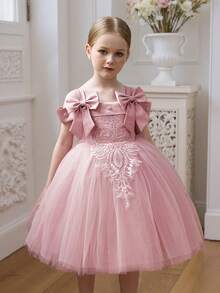 小女孩蕾丝花饰串珠蝴蝶结薄纱公主裙，优雅女孩礼服，适合生日派对、婚礼、庆典、花童婚纱