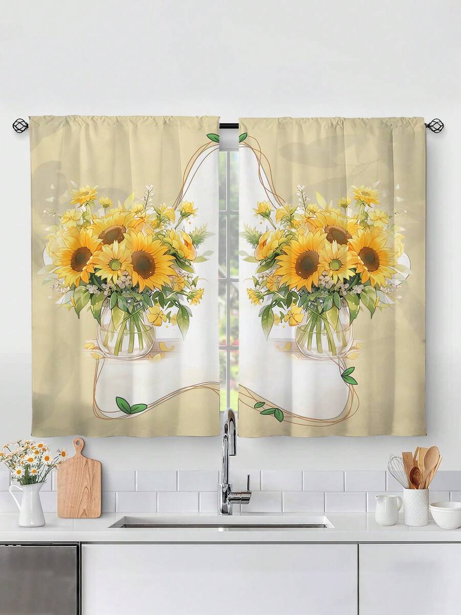 2pcs Sunflower Print Kitchen Window Curtain,Without Holes Curtain,Refer To Bedroom Office Kitchen Living Room Study Home Decor - Multicolor - View 1