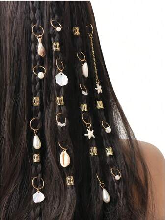 26pcs Women's Fashion Hair Accessories For Beach, Summer Vacation - Dreadlock Rings, Starfish, Seashells, Pearls