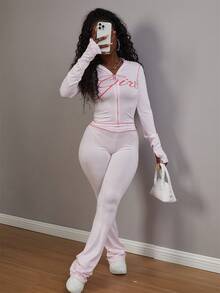 FQLWL 女士休闲街头风运动套装，印花拉链连帽衫和长裤套装，长袖两件套 - 粉色 - 查看 2