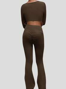 YEIFIN Yoga Set Women's Gym Yoga Suit Tight Fitting Sports Set T Shirts Bra Tank Top Loose Bell-Bottoms - Brown - View 2
