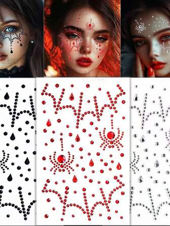 万圣节夜光脸贴蜘蛛网脸部装饰水钻贴纸红黑白COS小水钻闪闪水钻贴纸恐怖万圣节脸贴水钻化妆贴纸闪粉宝石贴纸石头黑蜘蛛贴纸水钻贴纸宝石贴纸