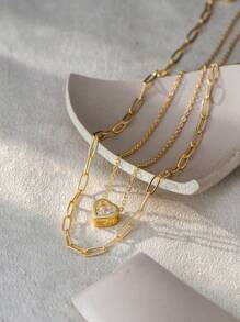 2 件套心形吊坠和回形针装饰双层女士项链（链条、扣环和珠子数量随机）