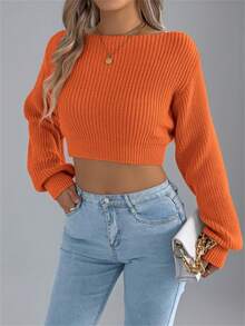 Y2K Backless Bow Tie Sweater Women Cold Shoulder Puff Sleeve Pullover Knot Front Solid Fall Winter Halloween - Orange - View 5