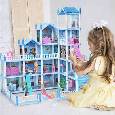 Nhà đồ chơi lâu đài công chúa cho trẻ em, Bộ biệt thự búp bê khối xây dựng (Kiểu dáng búp bê/Trang phục ngẫu nhiên), Phụ kiện nội thất nhiều phòng nhiều lớp, Xây dựng mô hình tự làm, Mô hình biệt thự sưu tập