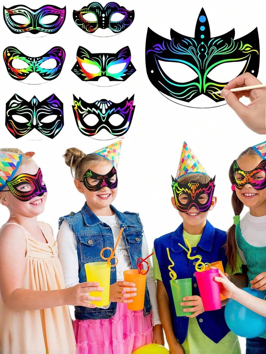 12 pezzi Maschere da arte pittorica con graffio per bambini, forniture scolastiche, regalo per il ritorno a scuola, gadget per feste di Ognissanti (stili di maschere casuali)