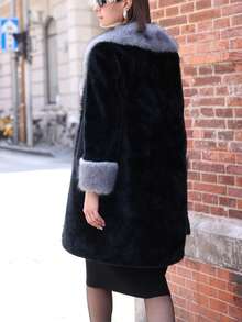 Women's Long Sleeve Contrast Color Big Fur Collar Warm Faux Fur Coat - Dark Grey - View 8