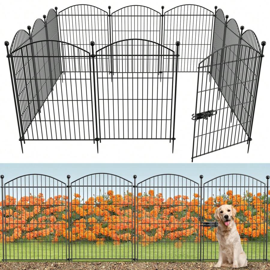 Decorative Garden Fence Animal Barrier With Gate, Dog Rabbit Fencing Arched Rustproof Metal No Dig Pet Outdoor Garden Fence For Yard, Patio, Flower Bed - 黑色 - 查看 1
